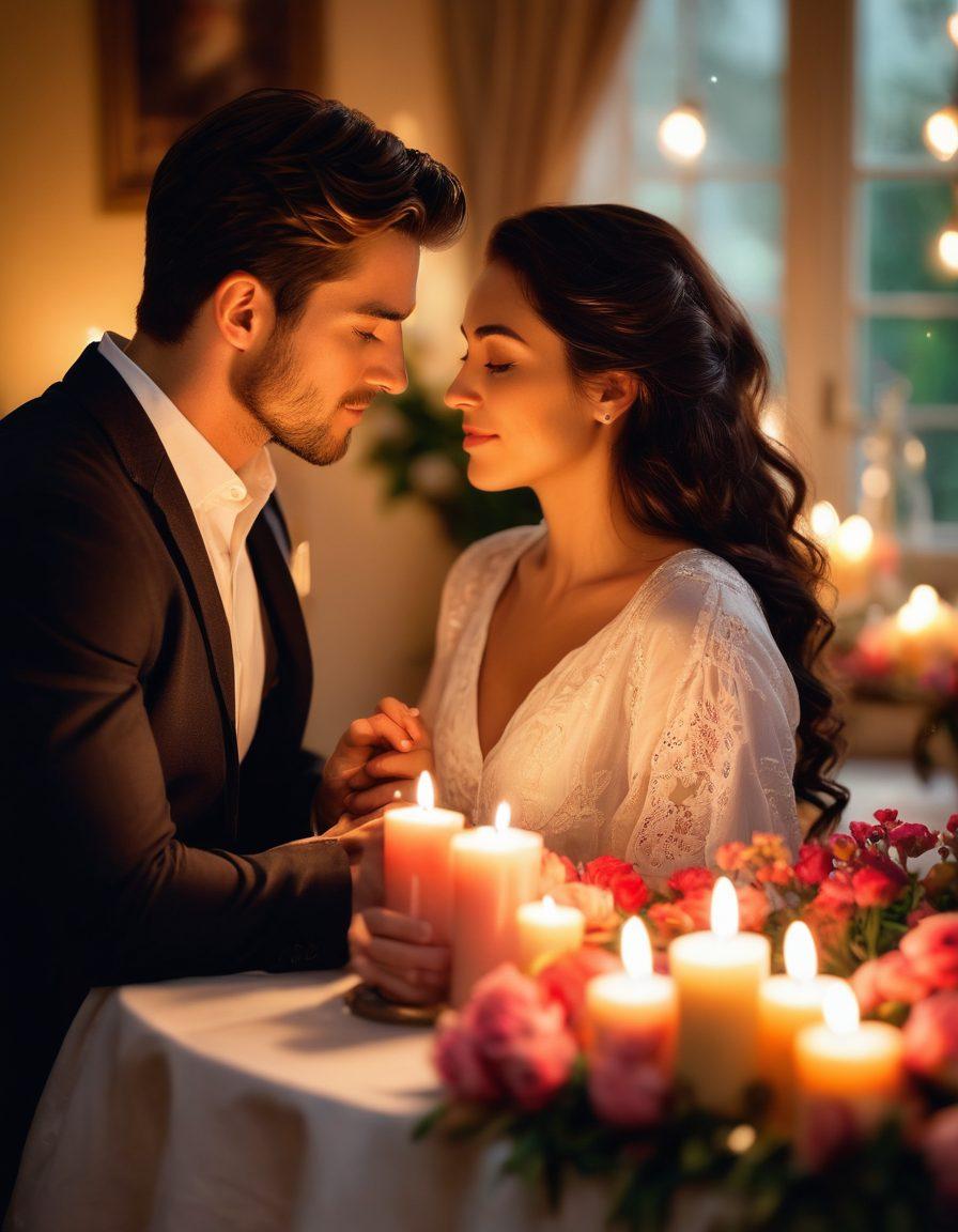 A romantic setting with a couple sharing a subtle flirtatious moment, surrounded by soft candlelight and vibrant flowers. Capture their expressive emotions, with the woman gracefully leaning forward and the man gently holding her gaze, symbolizing deeper connections. Include artistic details like silky fabrics and glowing warmth emanating from the candles. The background should have soft bokeh lights for a dreamy effect. super-realistic. vibrant colors. soft focus.