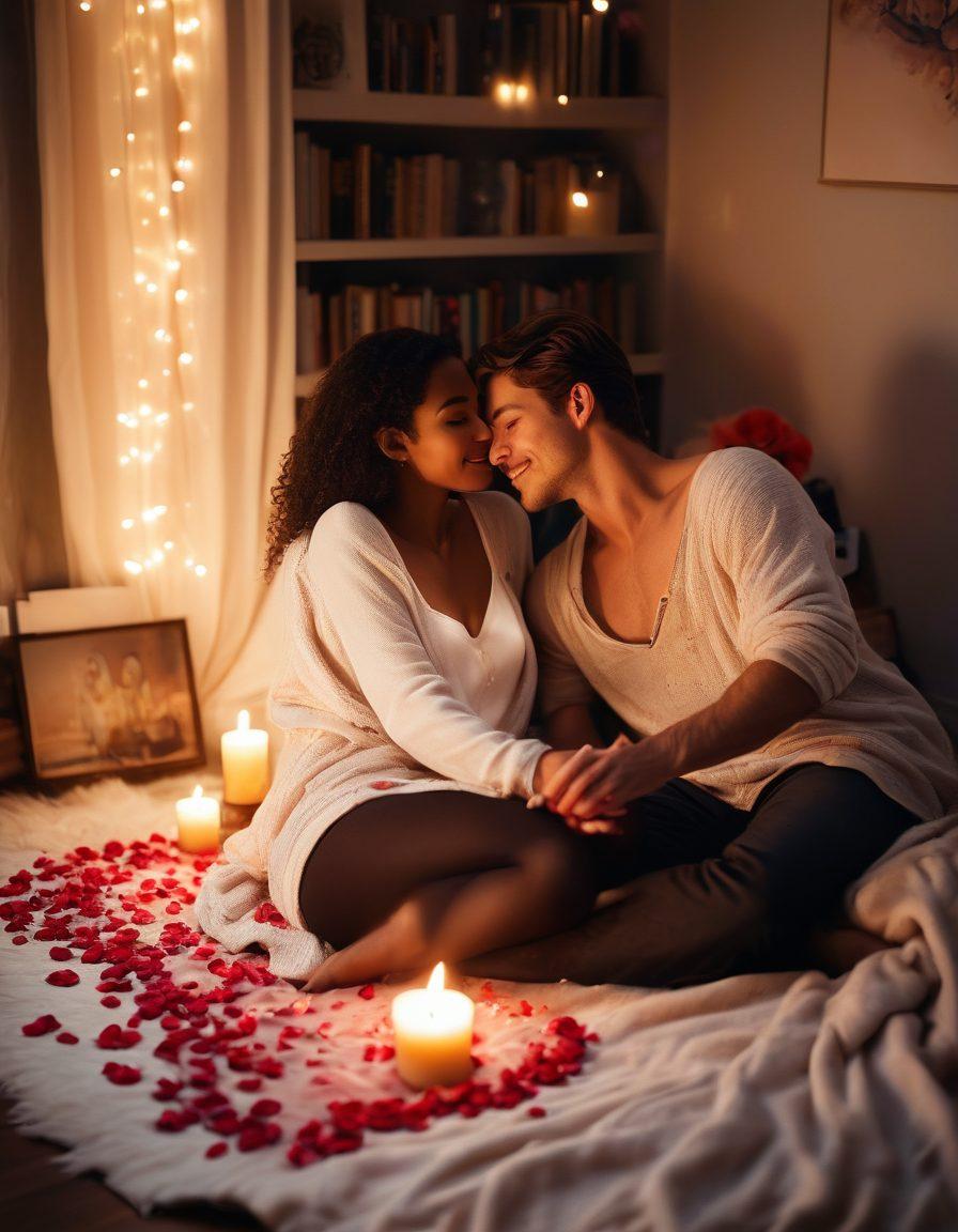 A warm and inviting scene of a couple sitting together in a cozy, softly-lit room, with a heart-shaped candle flickering in the background. They are leaning in close, sharing secrets and laughter, surrounded by books on love and intimacy. The atmosphere is intimate and romantic, adorned with rose petals scattered on a plush blanket. ethereal lighting, soft textures. vibrant colors. super-realistic.