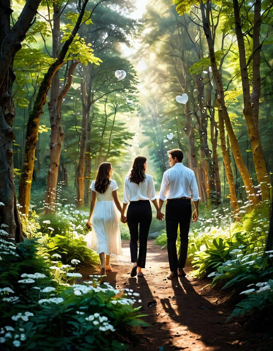 A serene couple walking hand-in-hand through a lush, sunlit forest, surrounded by blooming flowers symbolizing love and growth. Soft glows of warm light filter through the trees, creating an inviting atmosphere of intimacy and connection. Include subtle hints of communication, like speech bubbles with hearts and supportive words floating around them. The image should evoke feelings of warmth and togetherness. super-realistic. vibrant colors. soft focus.